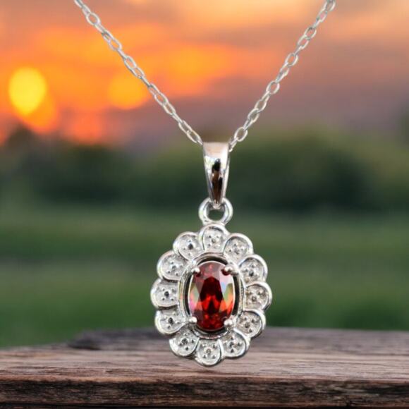 Red Cubic Zirconia Pendant Necklace 925 Sterling Silver January July Birthday - Picture 2 of 4
